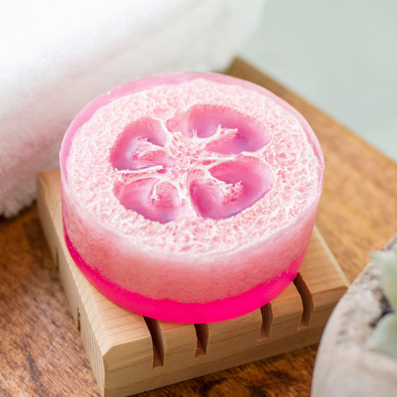 Unicorn Berries Luffa soap on cedar wood soap dish